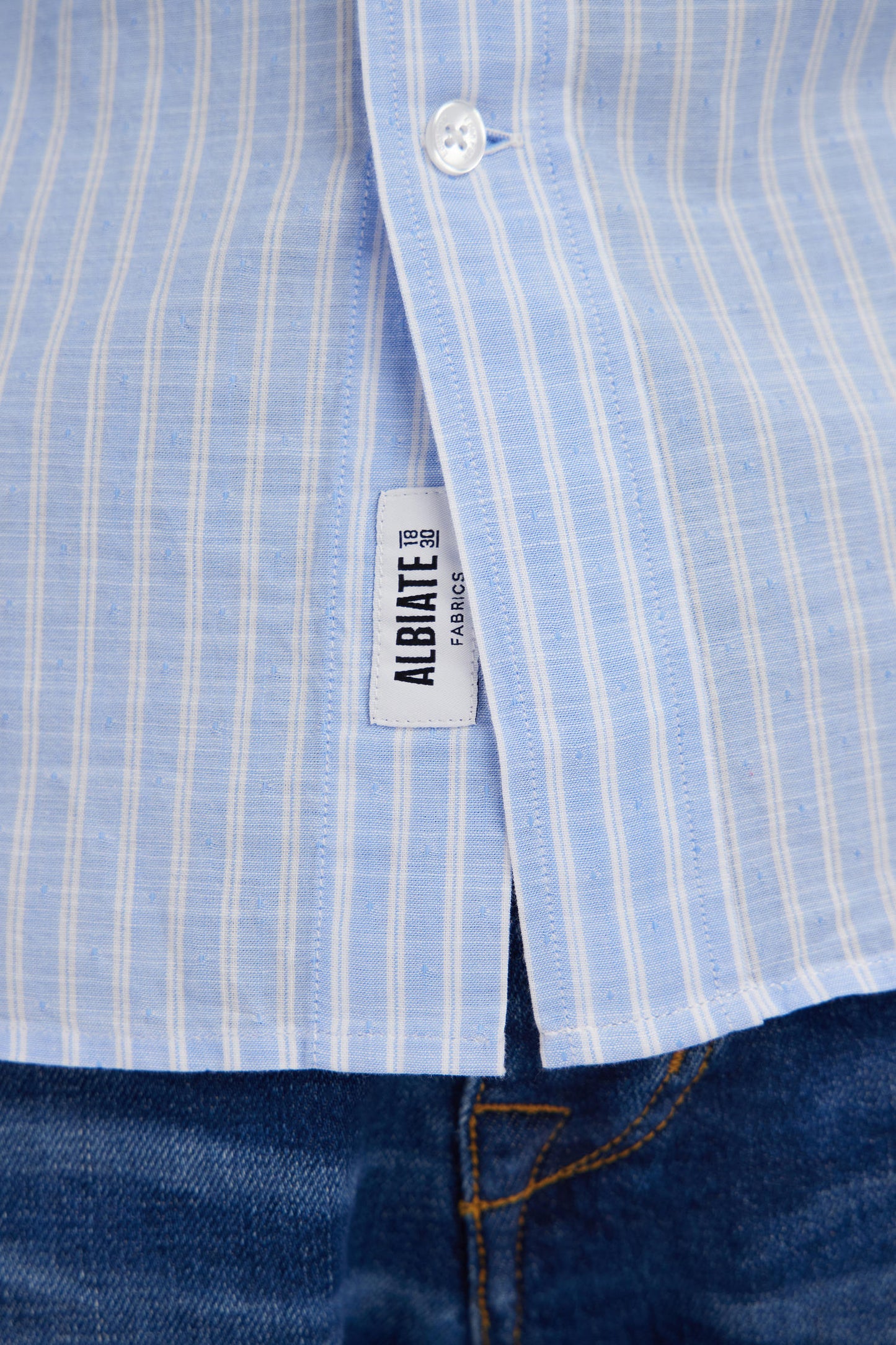 Straight striped short-sleeved sky blue cotton shirt