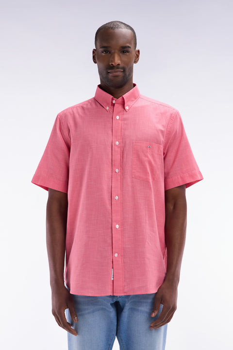 Straight short-sleeved pink cotton shirt in microplaid print - Image 1