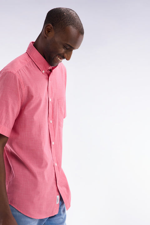 Straight short-sleeved pink cotton shirt in microplaid print - Image 3