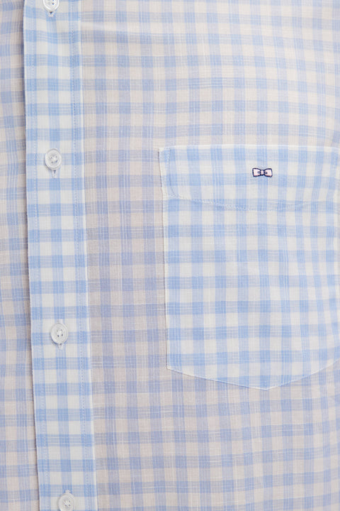 Straight-fit short sleeved sky blue gingham checked cotton shirt - Image 3