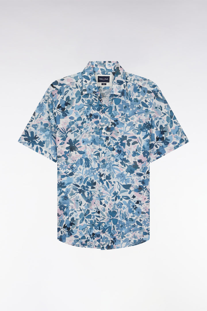 Chemise à manches courtes en coton imprimé floral marine coupe ajustée