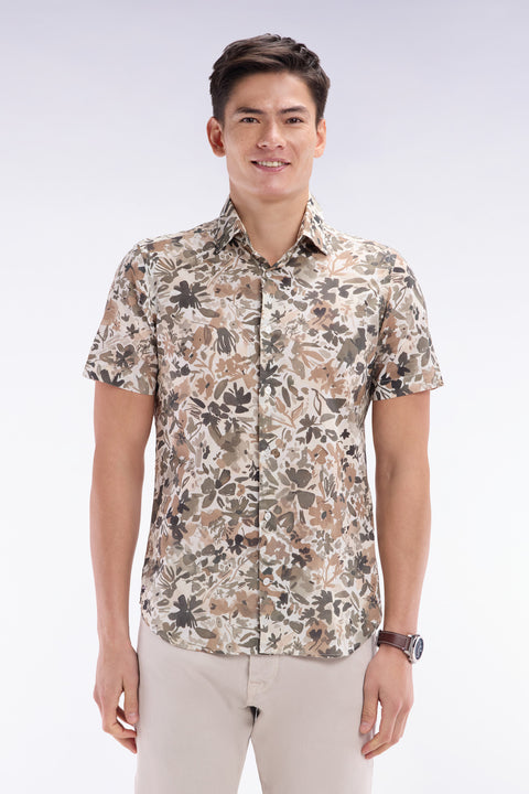 Slim-fit short-sleeved floral print shirt in khaki cotton - Image 1