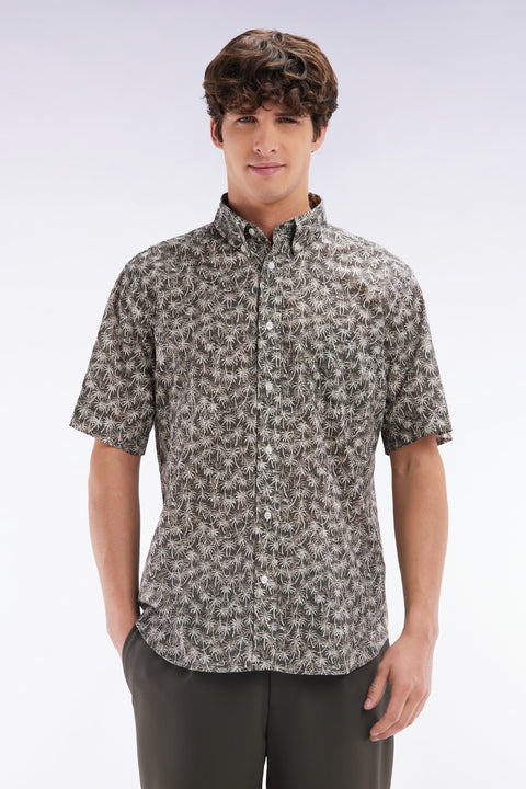 Straight-fit short-sleeved khaki cotton shirt with palm tree microprint - Image 1