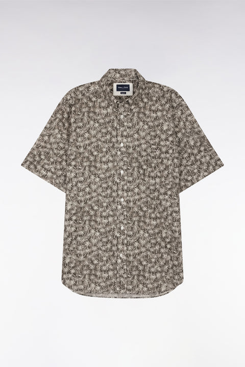 Straight-fit short-sleeved khaki cotton shirt with palm tree microprint - Image 2