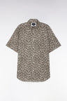 Straight-fit short-sleeved khaki cotton shirt with palm tree microprint