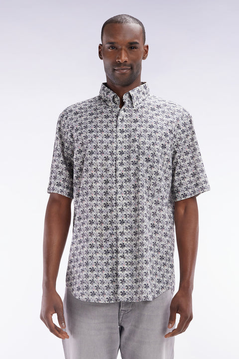 Straight-fit sort-sleeved shirt in grey cotton with graphic floral print - Image 1