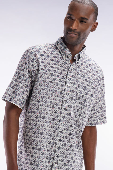Straight-fit sort-sleeved shirt in grey cotton with graphic floral print - Image 3