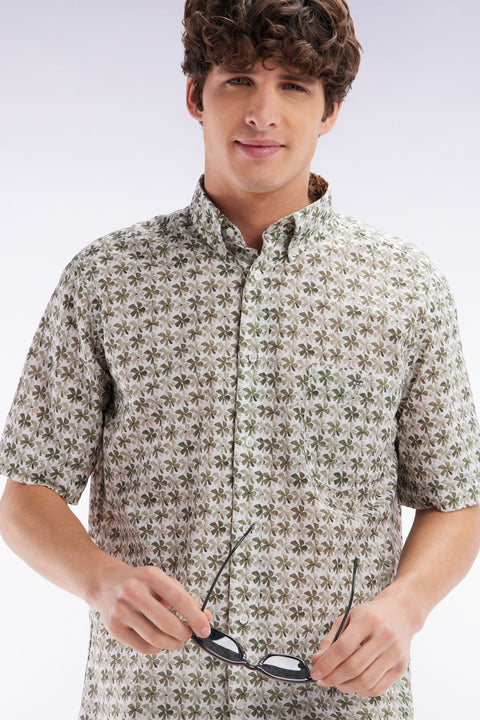 Straight-fit sort-sleeved shirt in khaki cotton with graphic floral print - Image 3