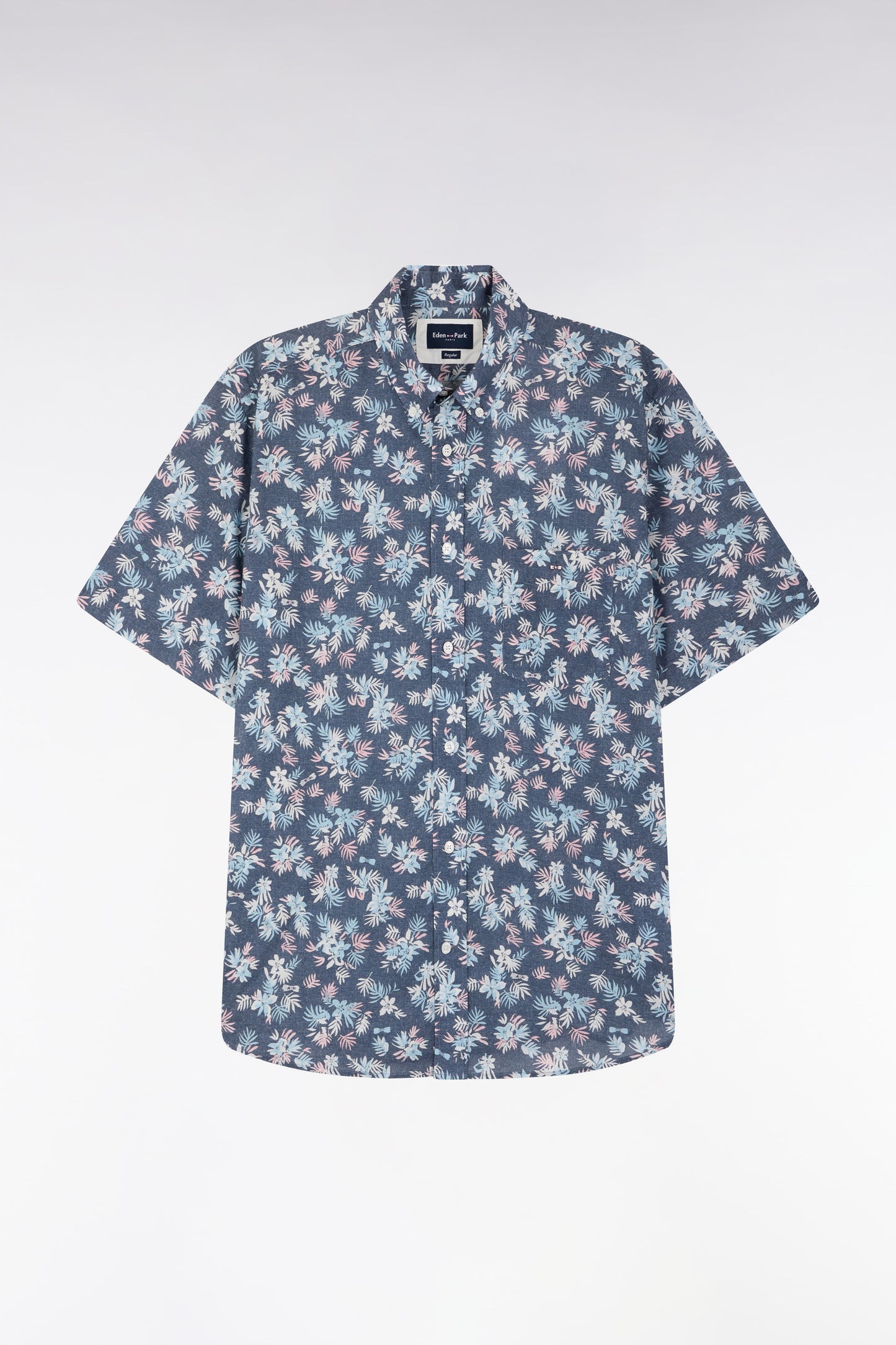Straight-fit short-sleeved shirt in navy cotton with flowers print