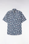 Straight-fit short-sleeved shirt in navy cotton with flowers print