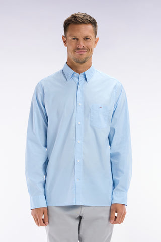 Straight-fit unisex shirt in sky blue stretch cotton and lyocell
