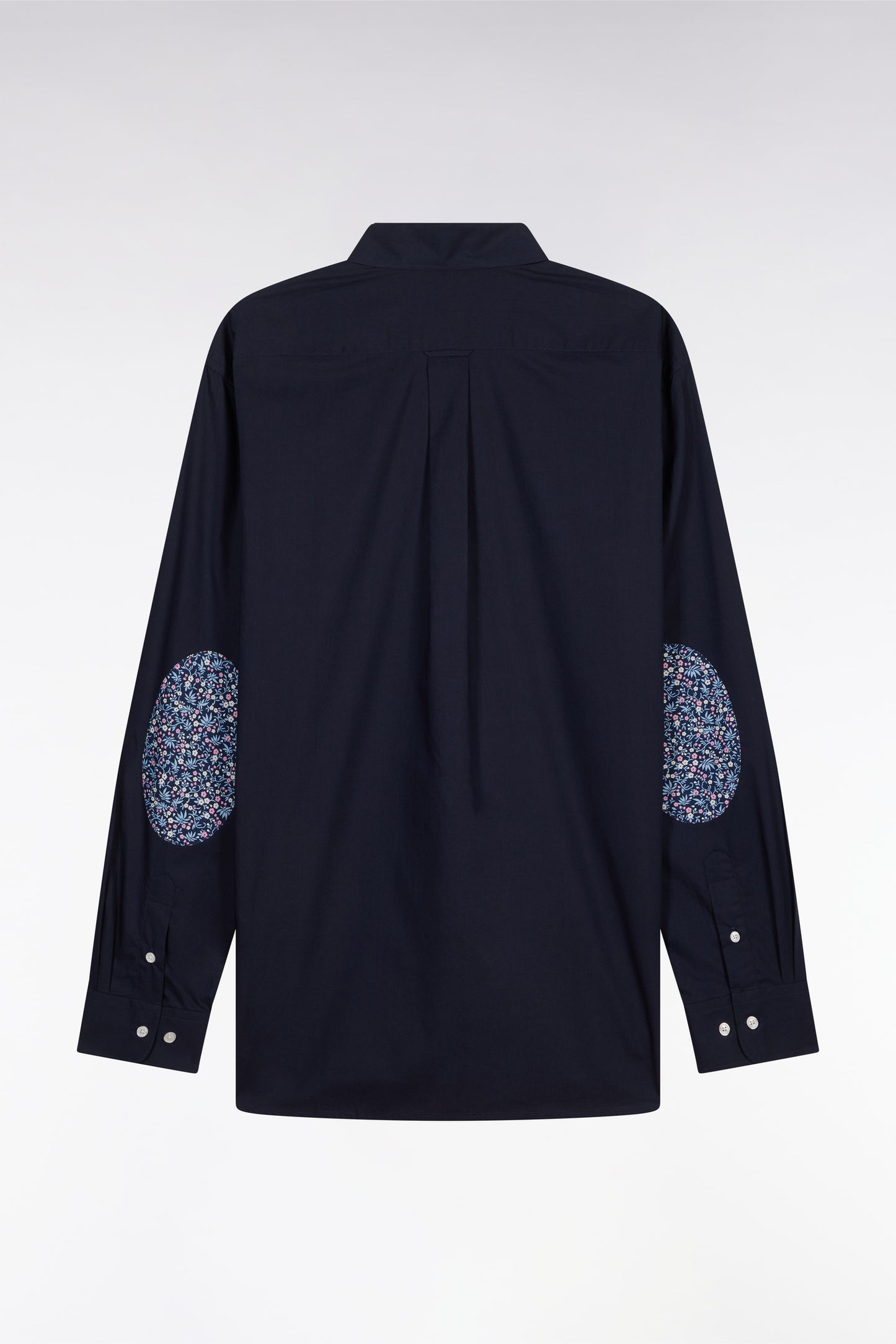Straight-fit navy cotton shirt with elbow patch