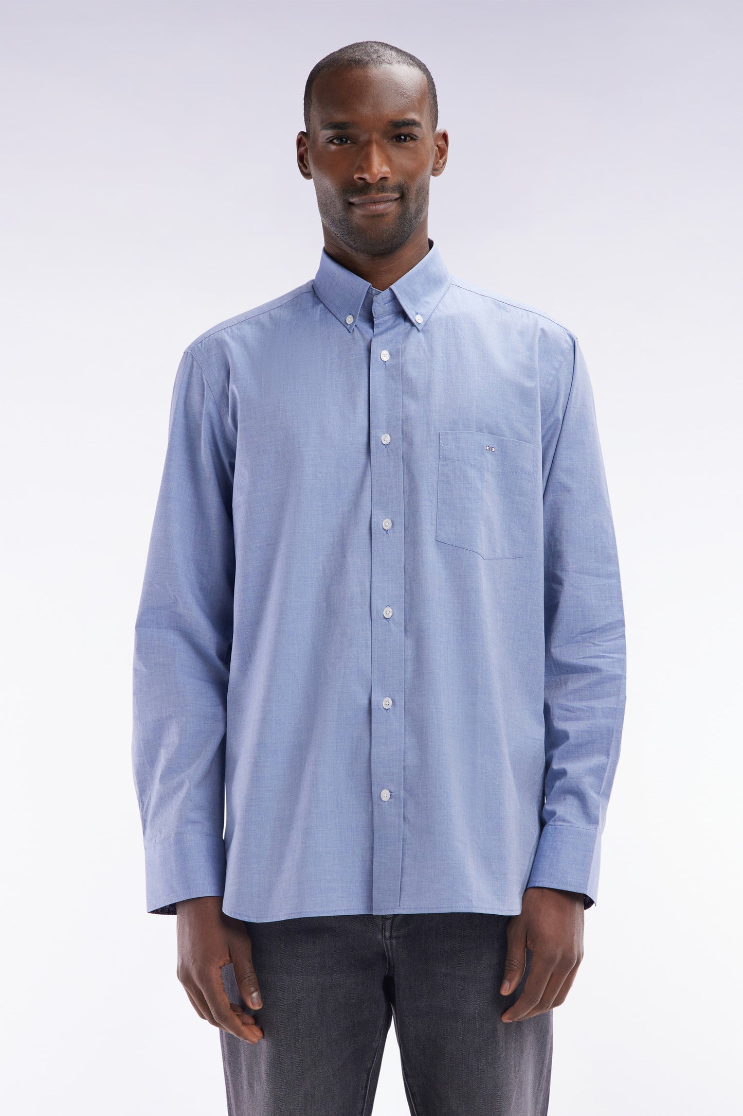 Straight-fit sky blue cotton shirt with elbow patch