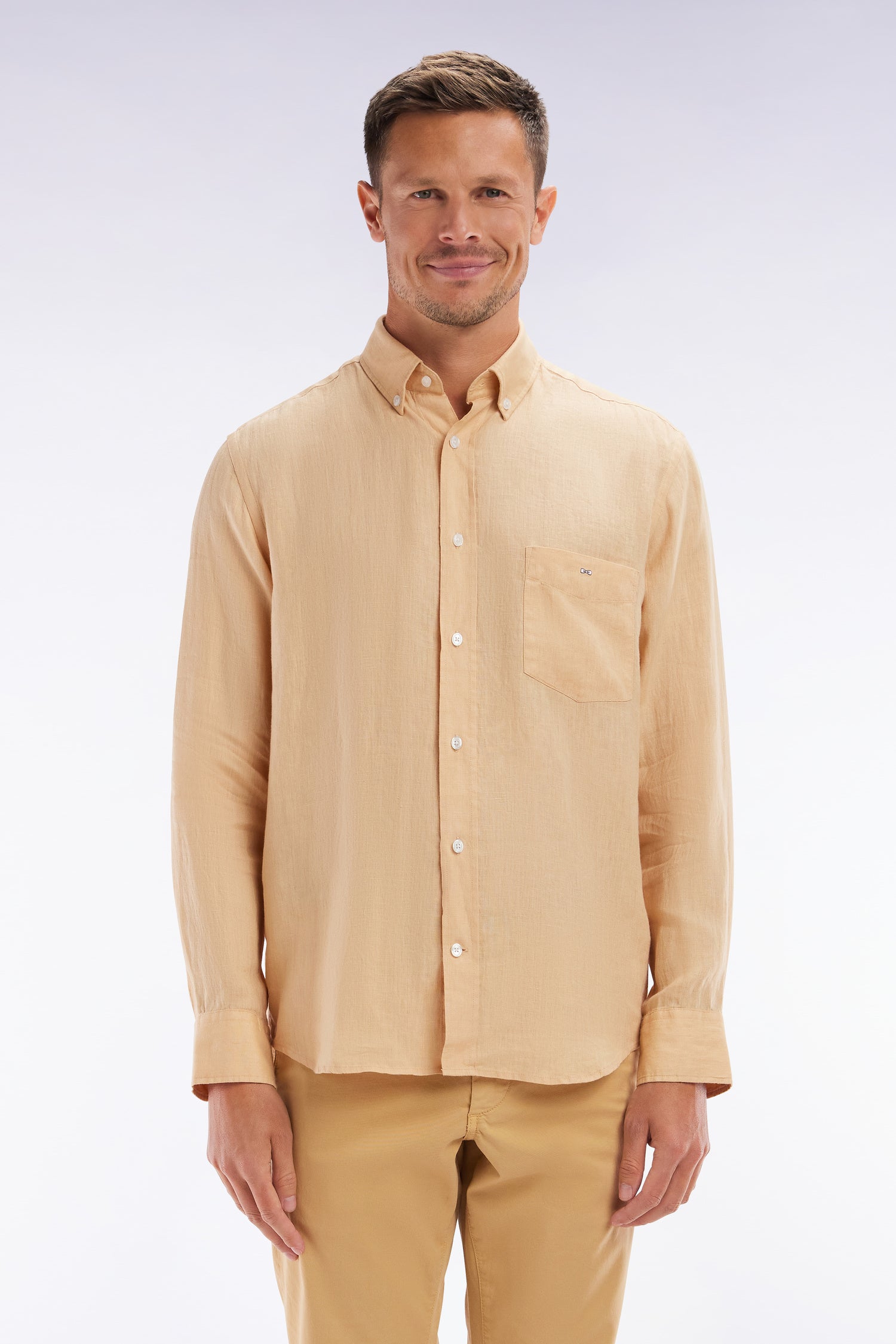 Chemise en lin camel unie coupe droite