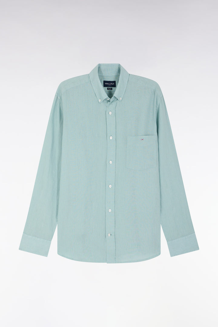 Chemise en lin vert d'eau unie coupe droite