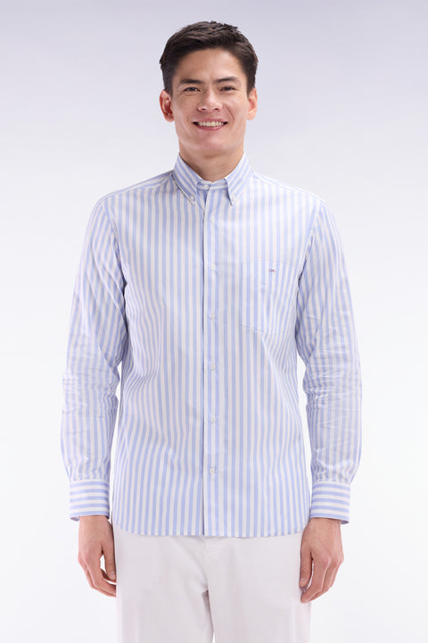 Straight-fit striped light grey cotton shirt - Image 1