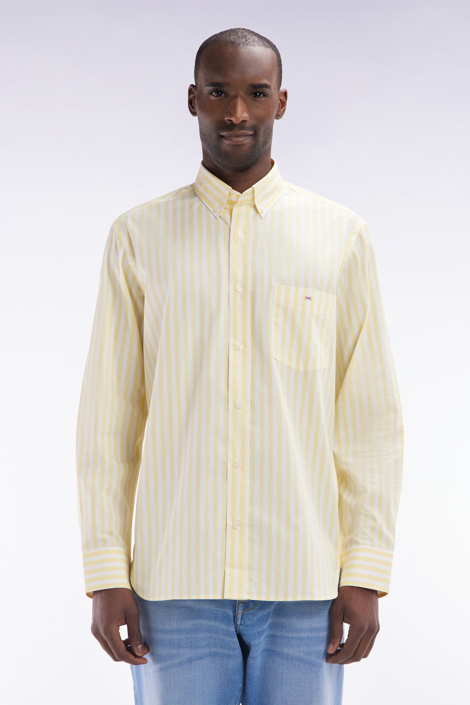 Chemise à rayures bâtons en coton ivoire coupe droite