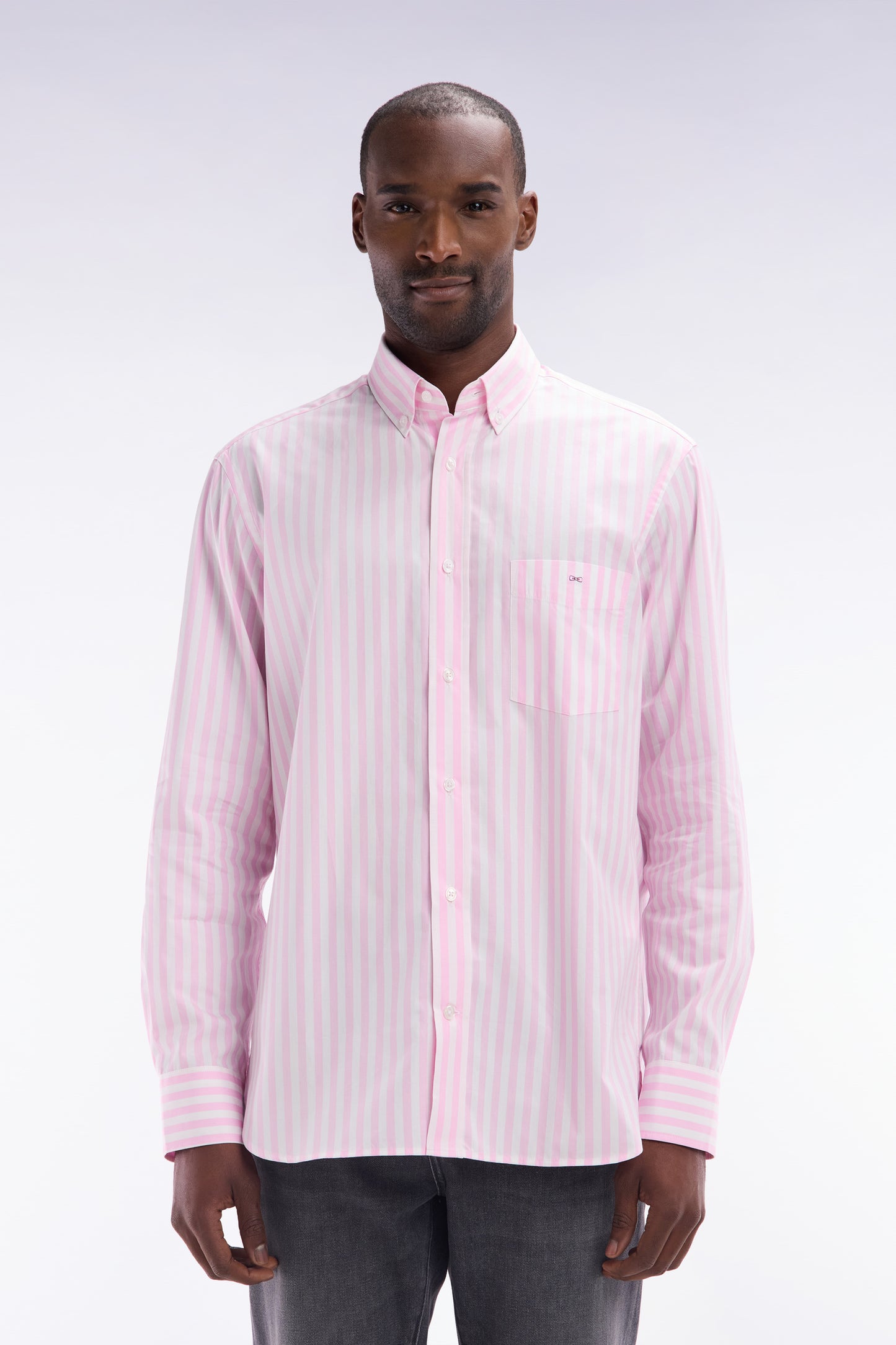 Chemise à rayures bâtons en coton rose coupe droite