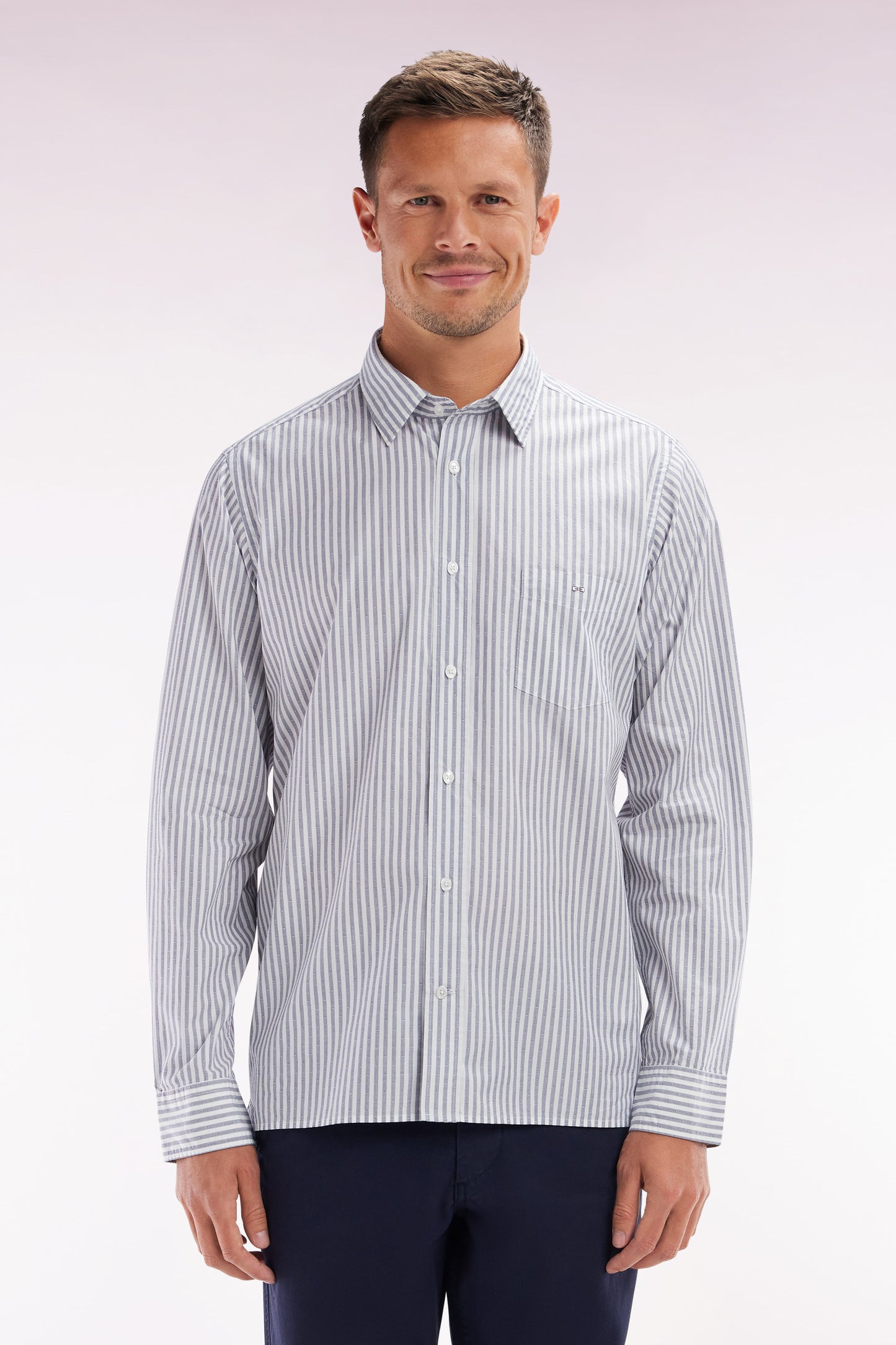 Straight-fit dark blue striped cotton shirt