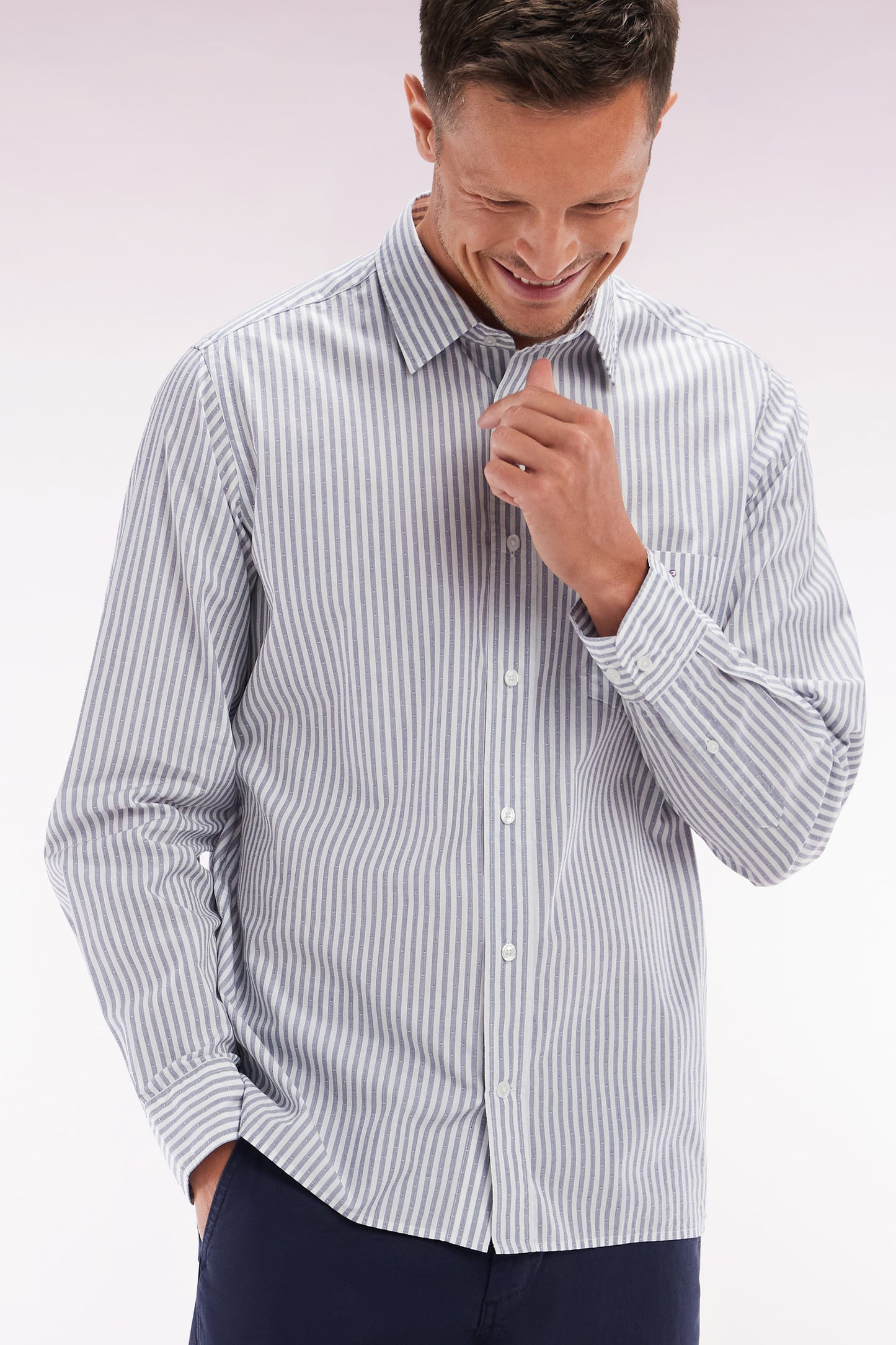 Straight-fit dark blue striped cotton shirt