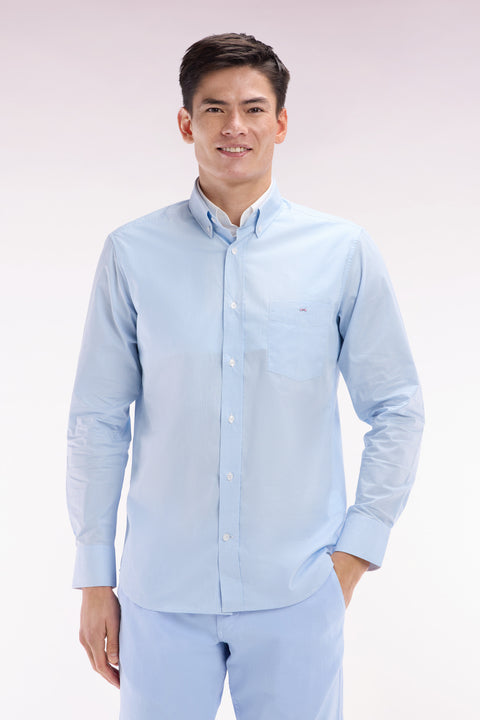 Straight-fit sky blue cotton gingham shirt - Image 1