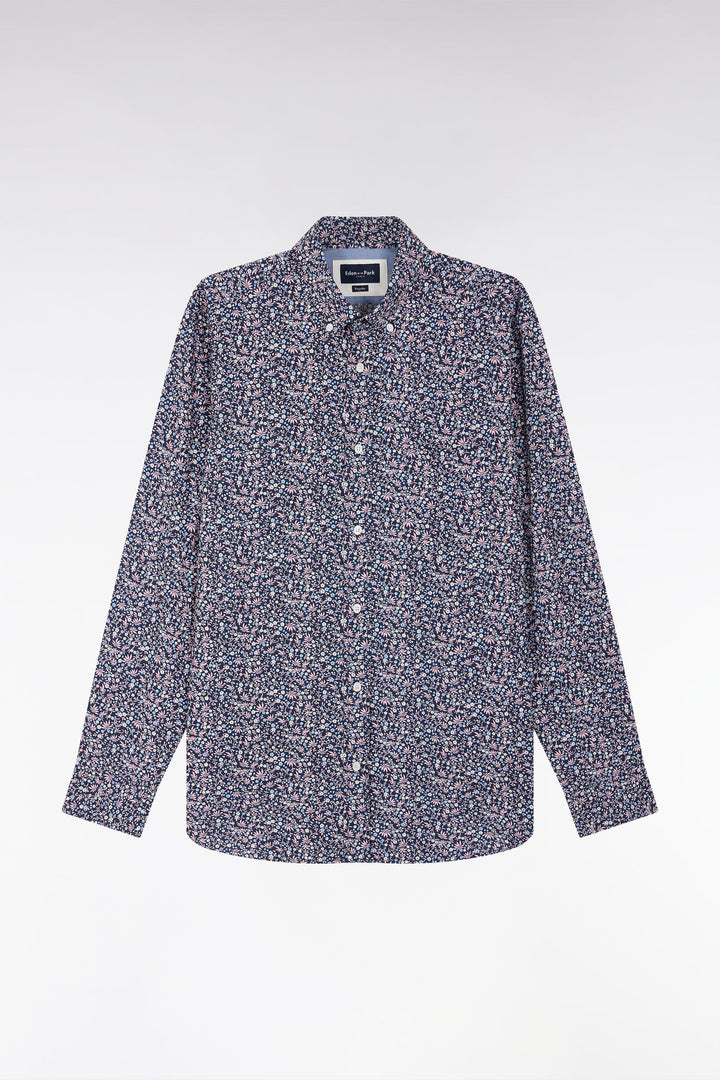 Chemise en popeline de coton marine à microimprimé floral coupe droite