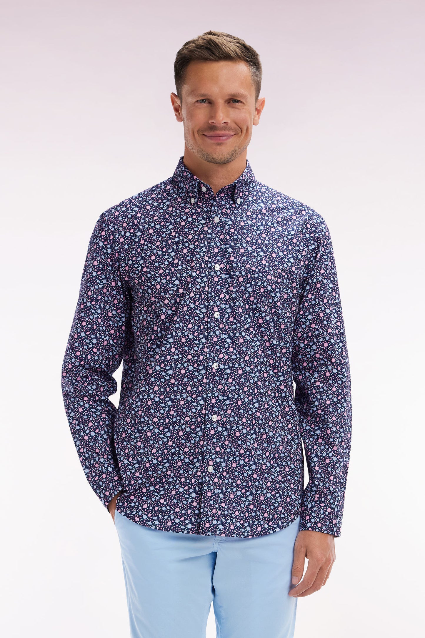 Straight-fit navy cotton shirt with micro-patterned design