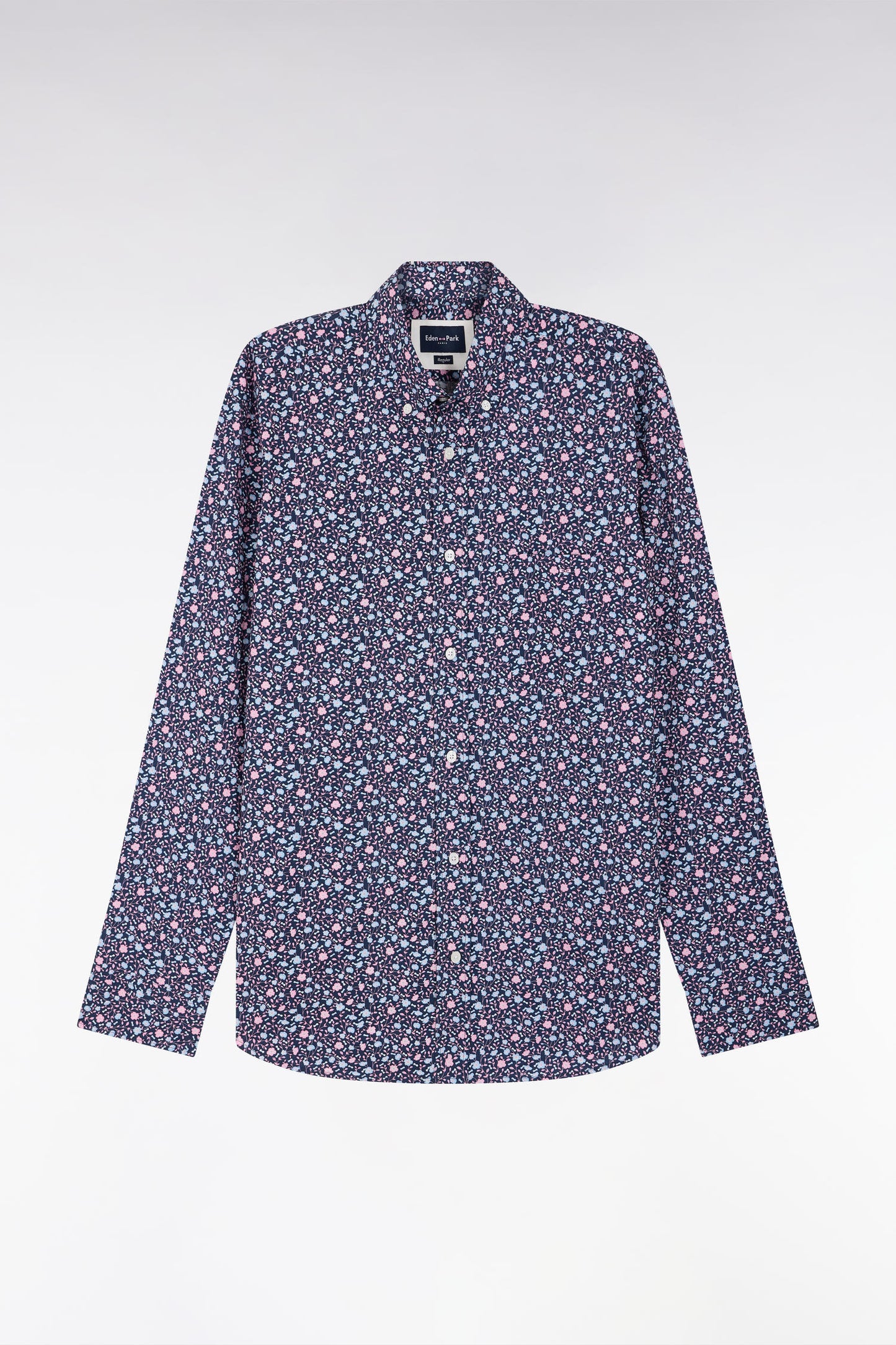 Straight-fit navy cotton shirt with micro-patterned design