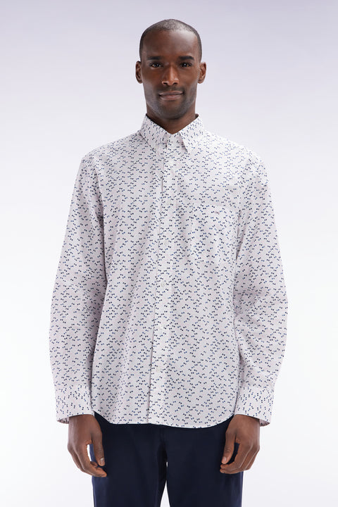 Straight-fit ecru cotton poplin shirt with bow tie microprint - Image 1