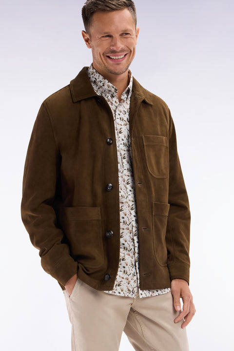 Straight-fit beige cotton poplin shirt with botanical microprint - Image 2