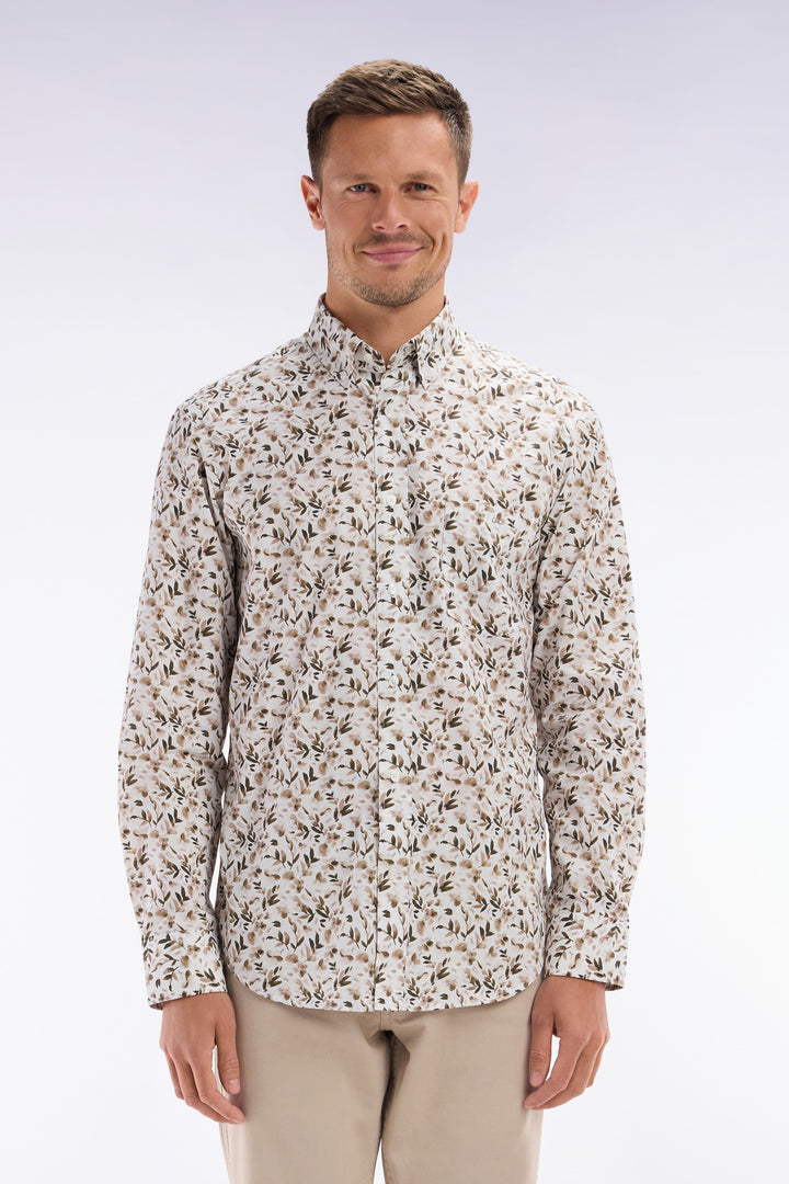 Chemise en popeline de coton beige microimprimé végétal coupe droite