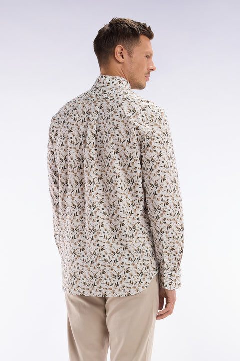 Straight-fit beige cotton poplin shirt with botanical microprint - Image 3