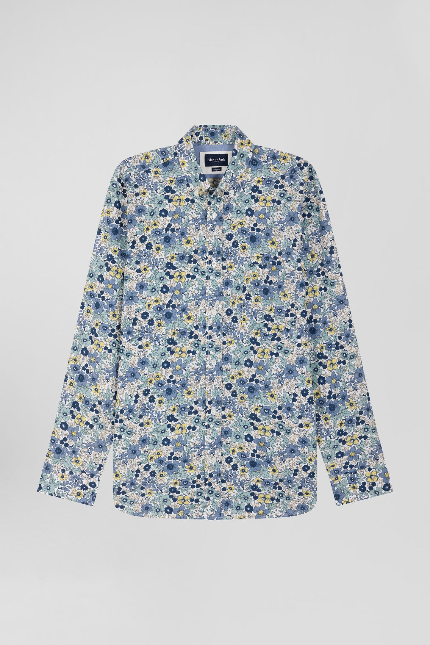Straight-fit grey cotton poplin shirt with floral print