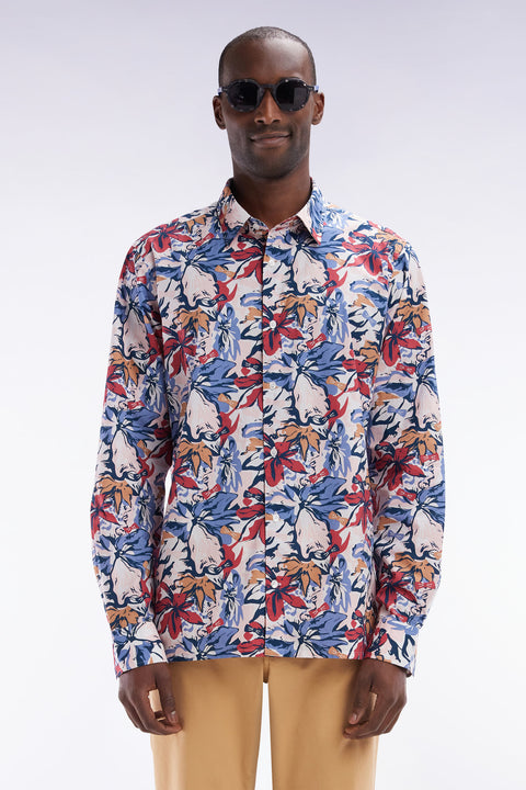 Straight-fit cotton poplin shirt with tropical bow tie print - Image 1
