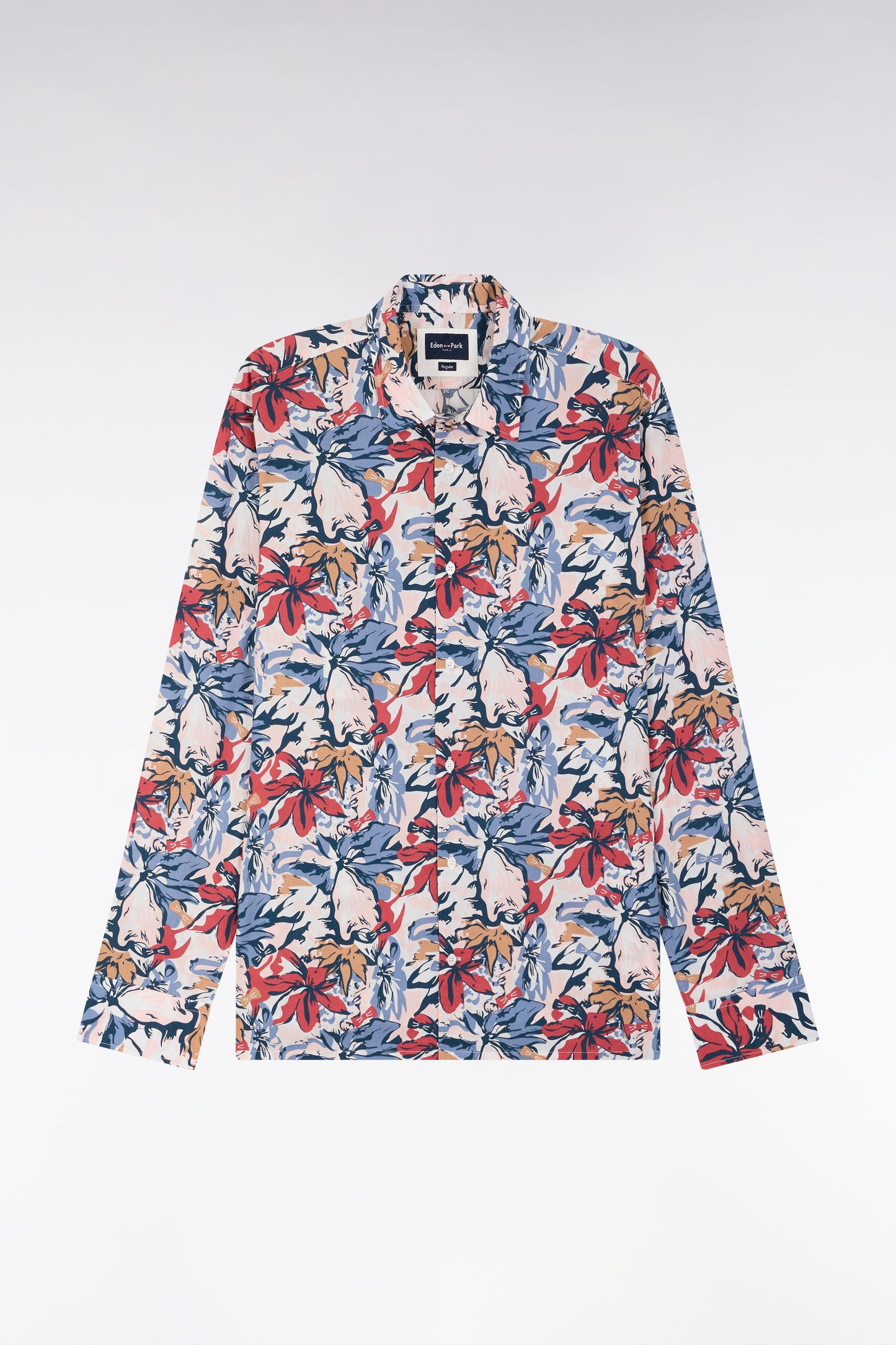 Straight-fit cotton poplin shirt with tropical bow tie print