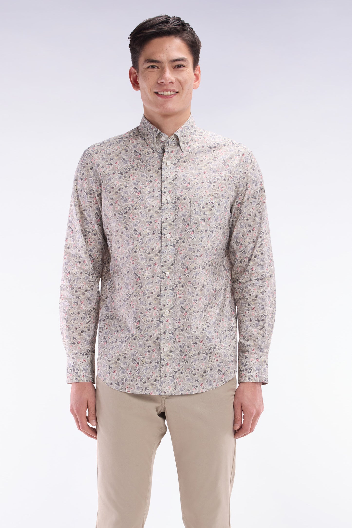 Chemise en popeline de coton Pima kaki à micromotif floral coupe droite