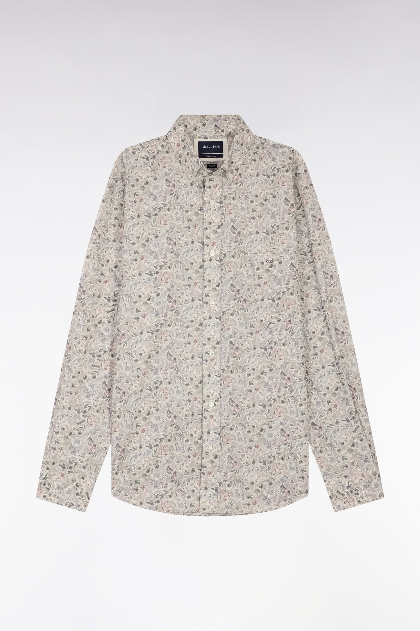 Straight-fit khaki Pima cotton poplin shirt with floral micro pattern
