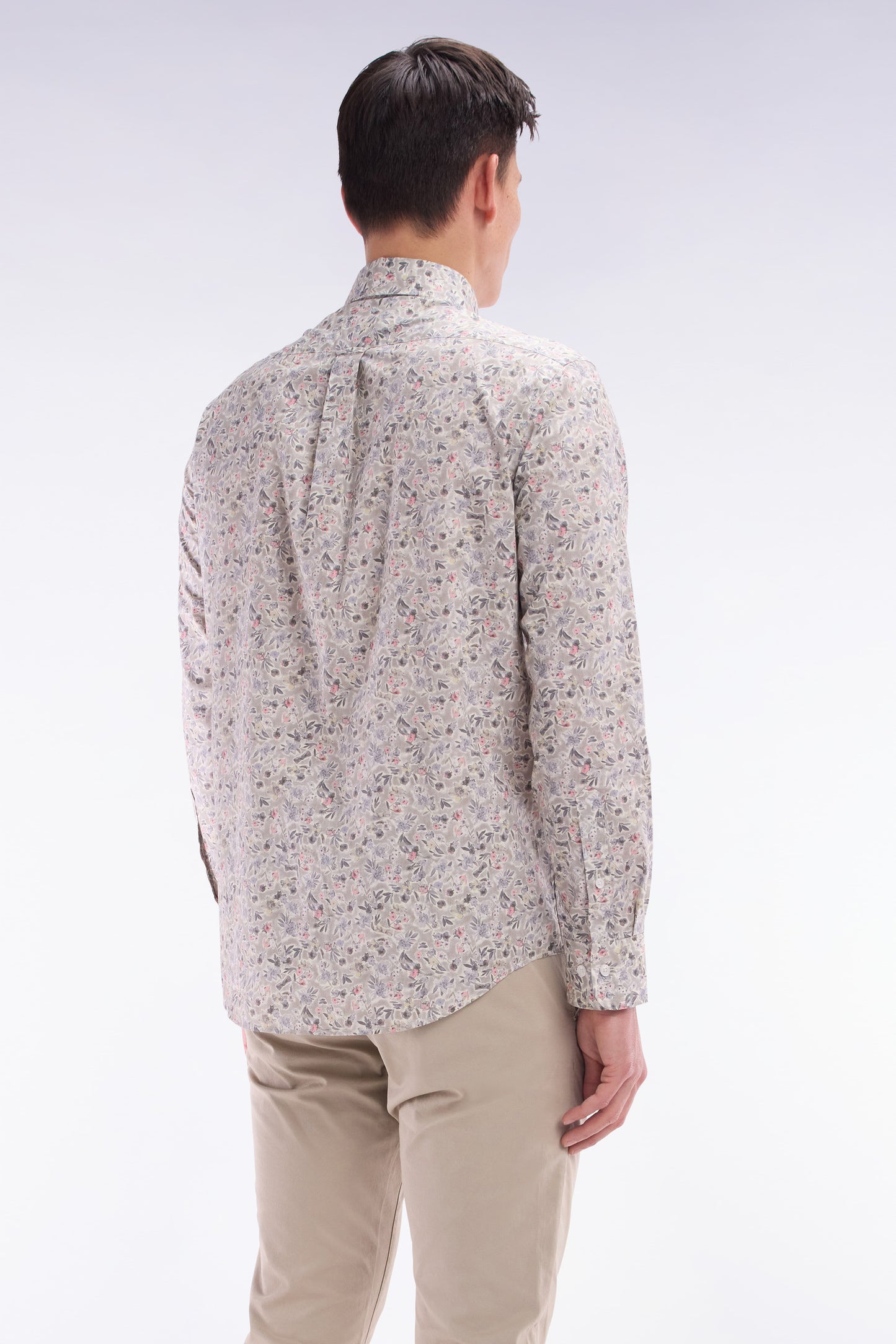 Straight-fit khaki Pima cotton poplin shirt with floral micro pattern