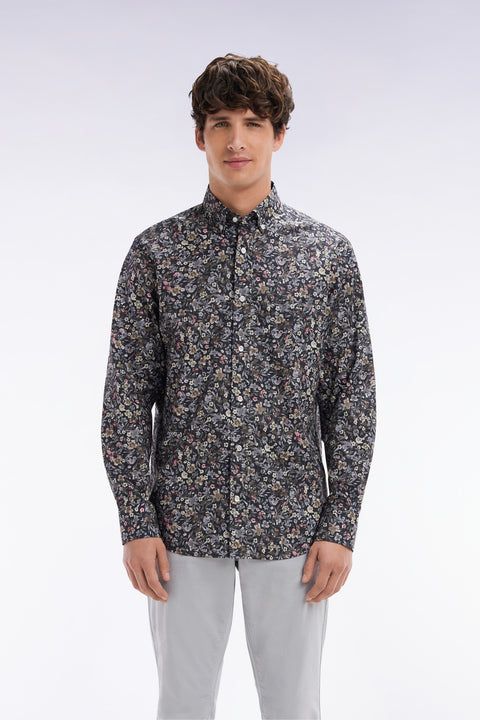 Straight-fit khaki micro print Pima cotton poplin shirt - Image 1