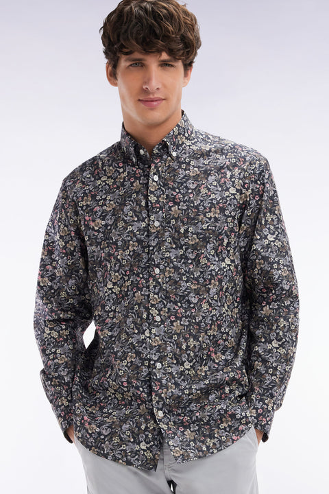 Straight-fit khaki micro print Pima cotton poplin shirt - Image 3