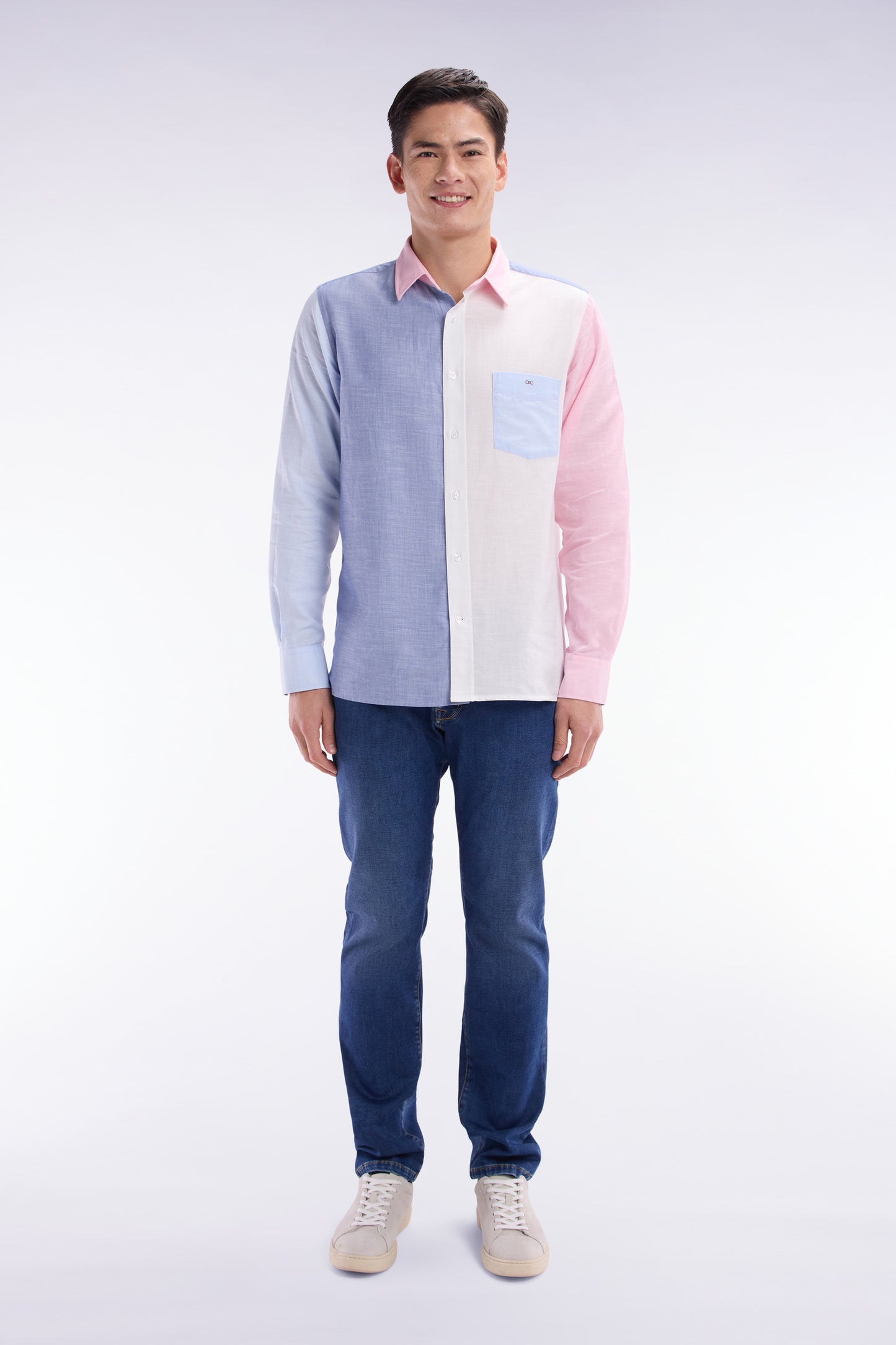 Straight-fit blue and pink colorblock shirt
