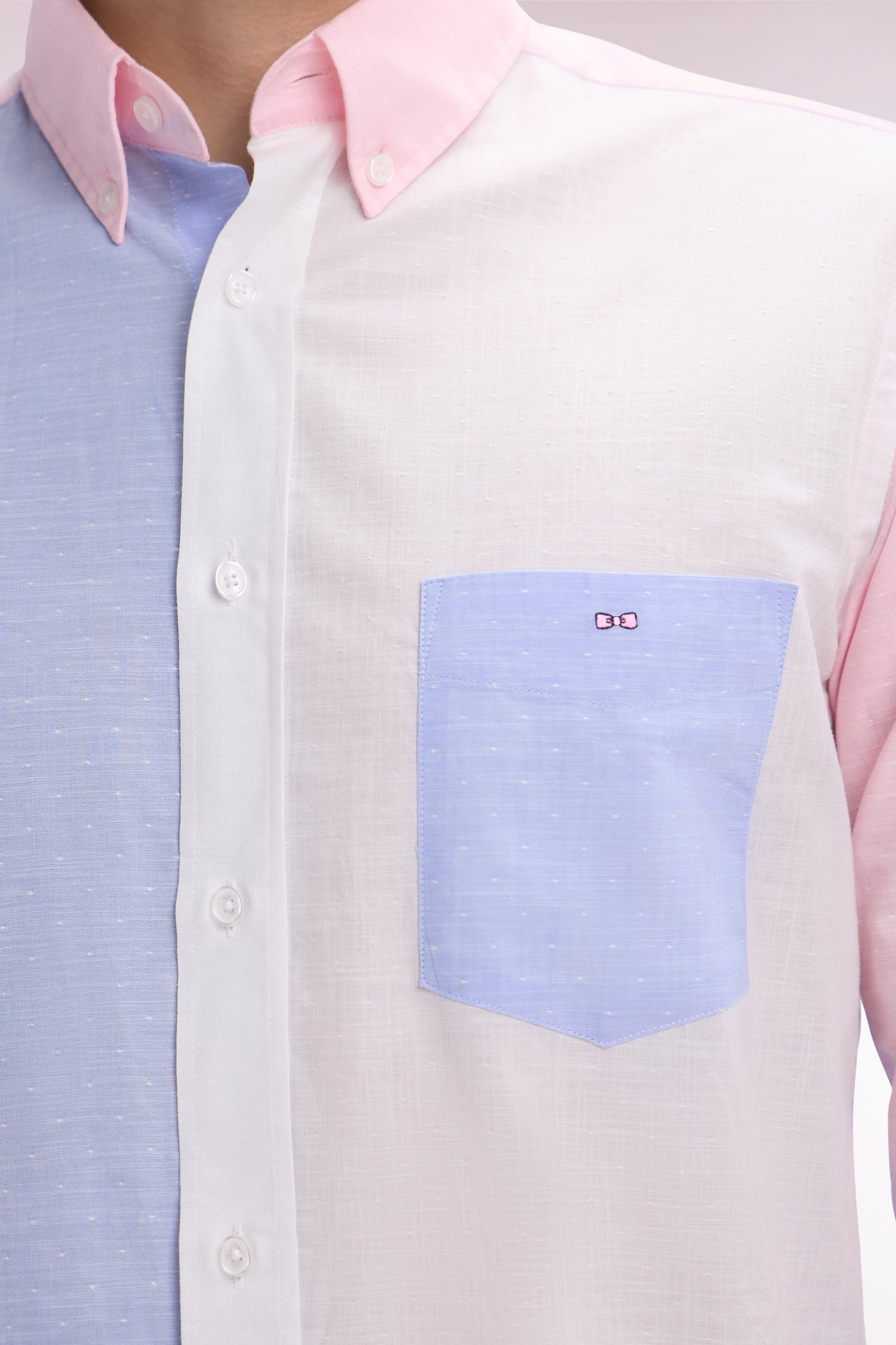 Straight-fit sky blue and pink cotton jacquard and dobby shirt