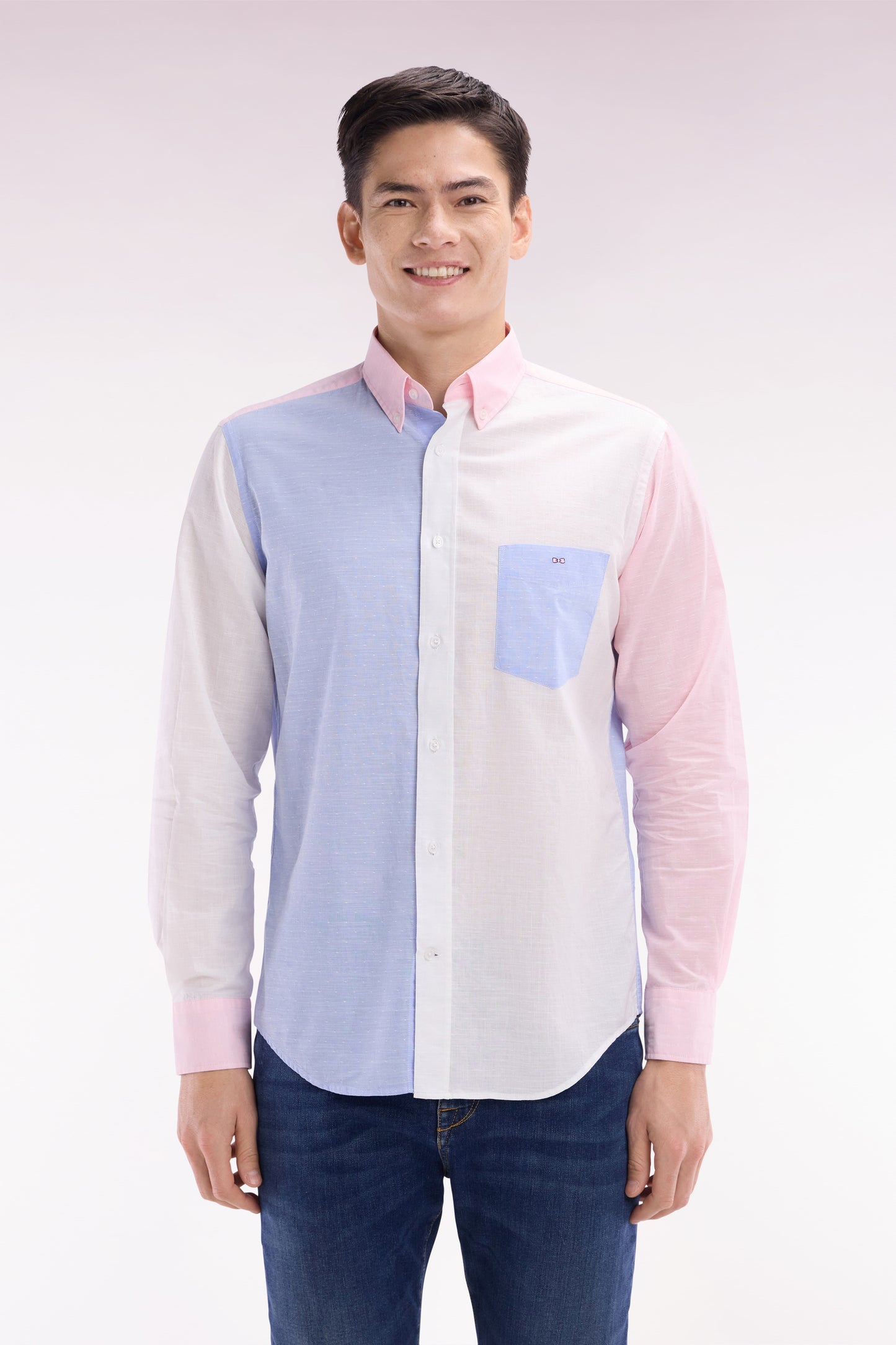 Straight-fit sky blue and pink cotton jacquard and dobby shirt