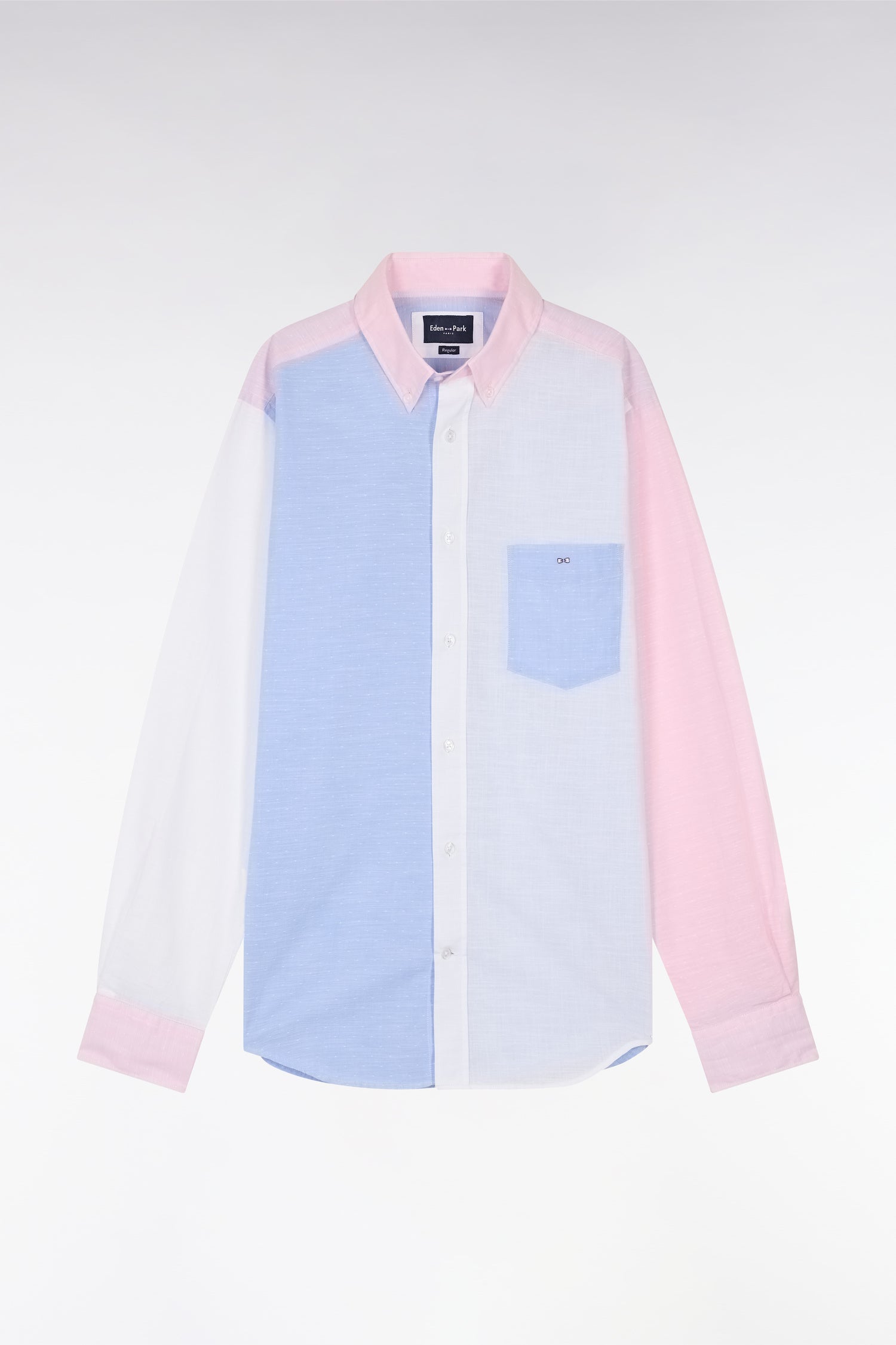 Chemise en jacquard et dobby de coton ciel et rose coupe droite