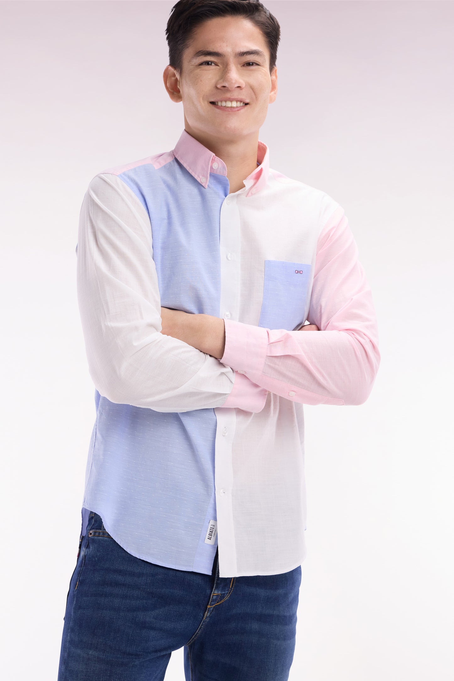 Straight-fit sky blue and pink cotton jacquard and dobby shirt