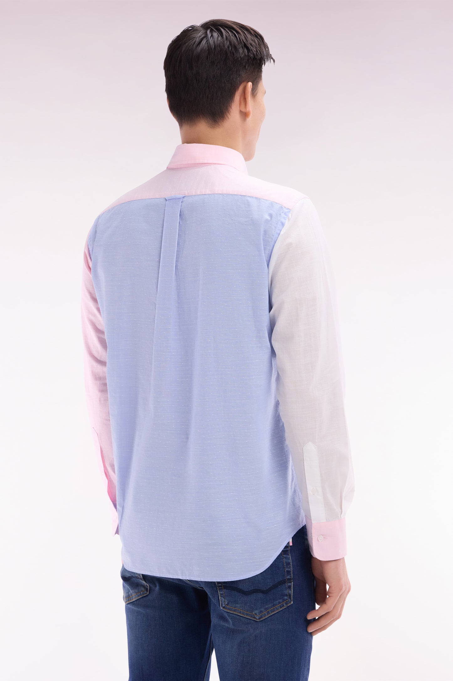 Straight-fit sky blue and pink cotton jacquard and dobby shirt