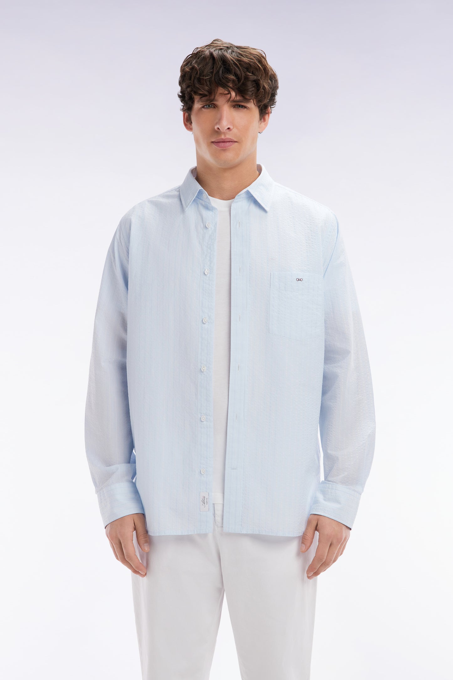Straight-fit sky blue striped seersucker cotton shirt