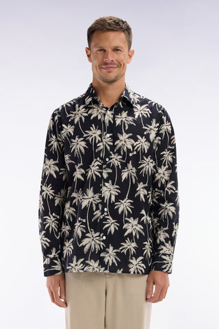 Straight-fit black cotton shirt with palm tree print