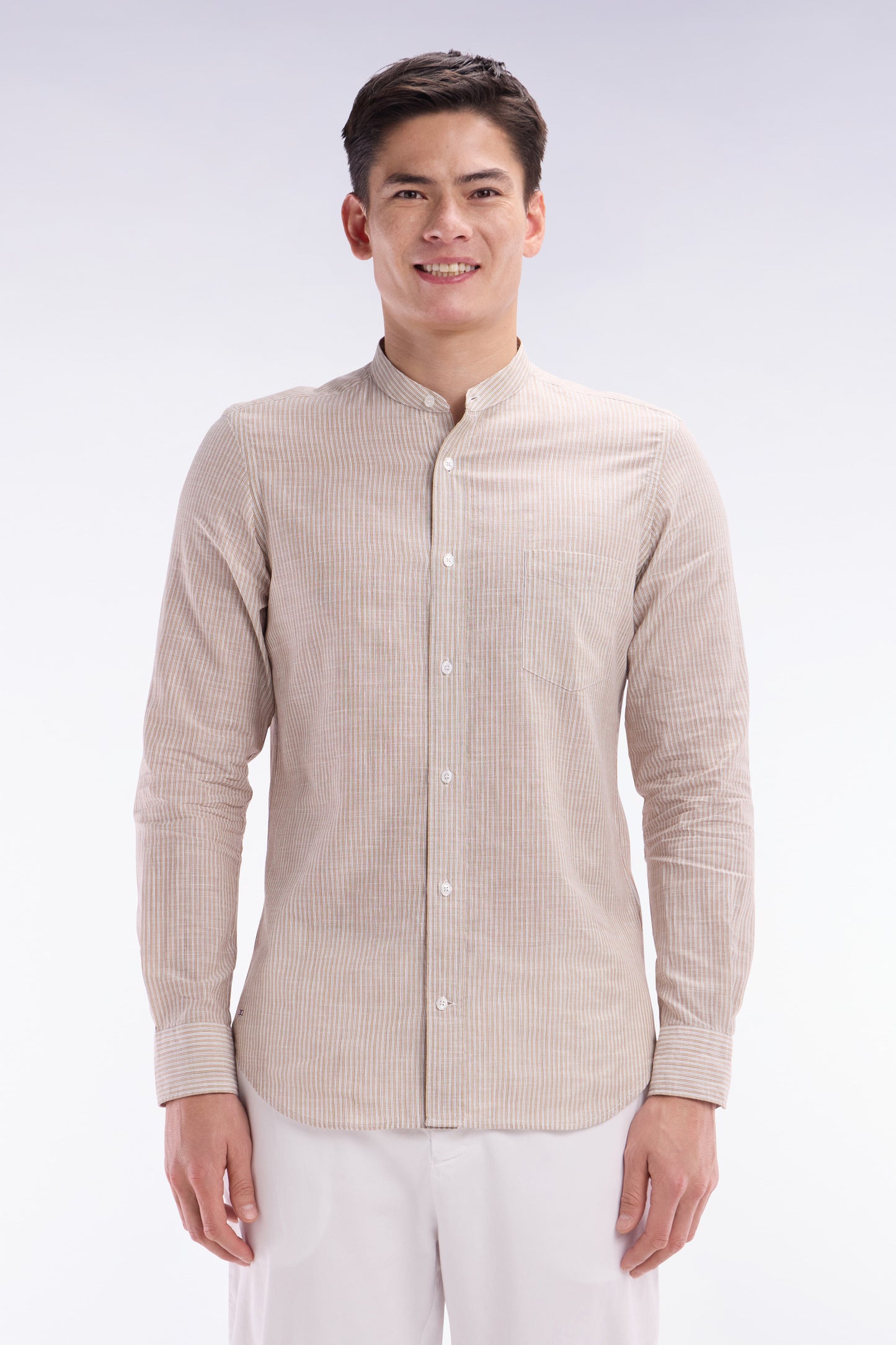 Slim-fit beige striped cotton and linen shirt with Mandarin collar