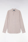 Slim-fit beige striped cotton and linen shirt with Mandarin collar